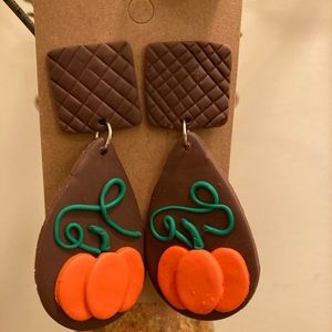 Lightweight Brown Polymer Clay Fall Pumpkin Earrings with basket weave studs